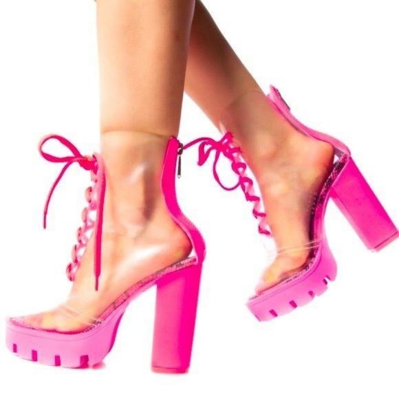 Shoes - Clear Lace Up Lug Sole Booties in Pink Snake